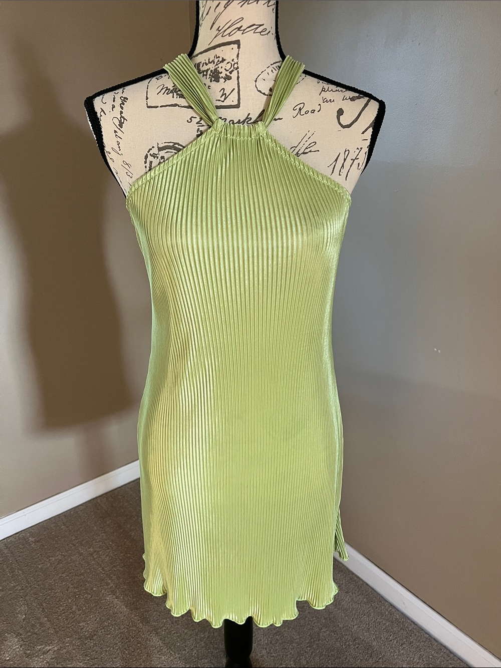 Commense Lime Green Pleated Halter Slip Dress- NWT!